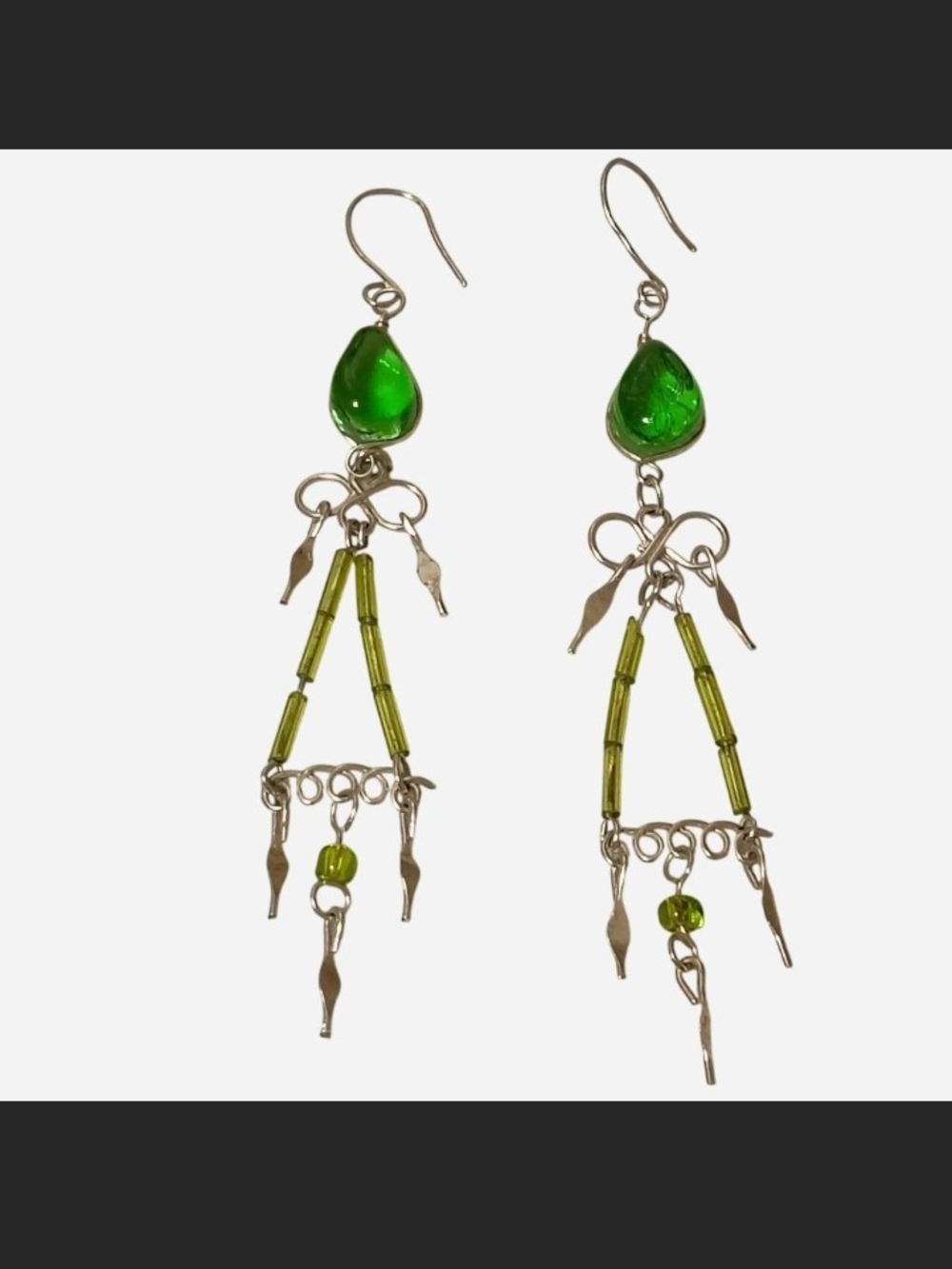 VTG Boho Style Green Glass Bead & Faux Gem Silver Toned Chandelier Earrings